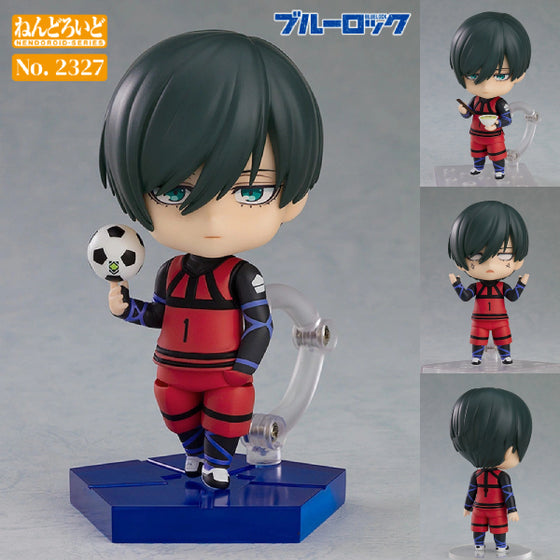 A Nendoroid action figure of the character Itoshi Rin from the anime series BLUELOCK, wearing a red and blue soccer uniform, holding a soccer ball, and displaying multiple expressions.