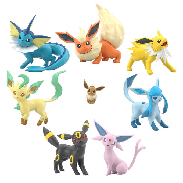 A collection of various Eevee evolution figures from the Pokémon series, showing different forms such as Vaporeon, Jolteon, Flareon, Espeon, Umbreon, Leafeon, Glaceon, and Eevee itself, against a white background.