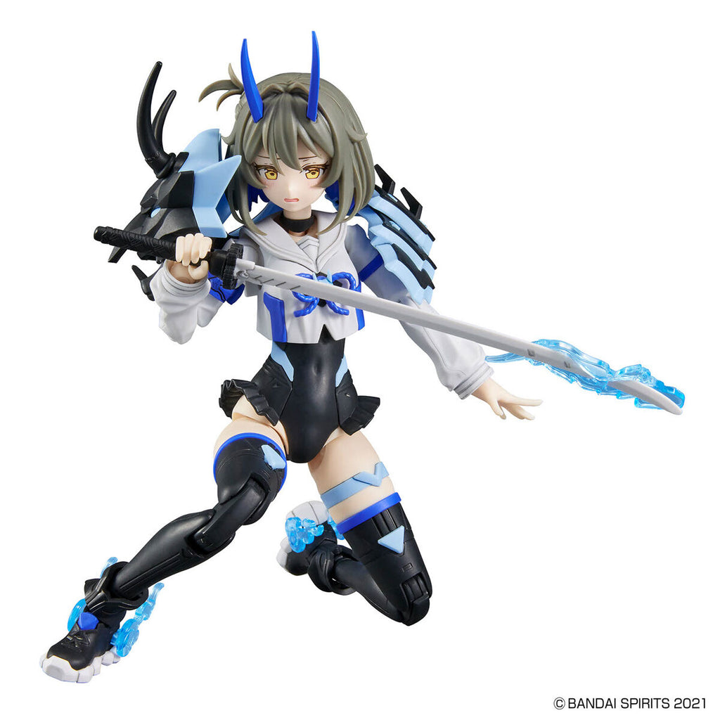 Action figure with black and blue armor and a sword on a white background