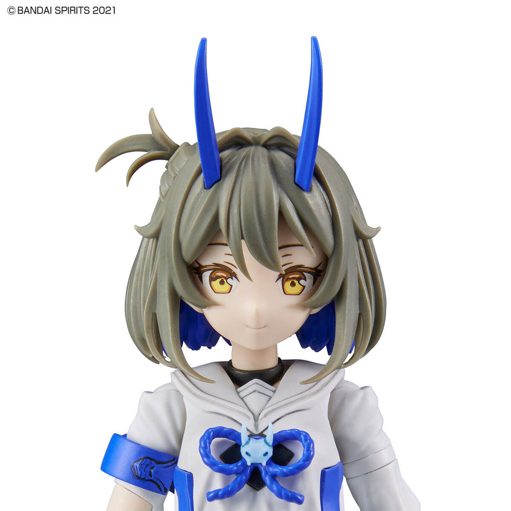 Figurine with blue horns and accessories on a white background