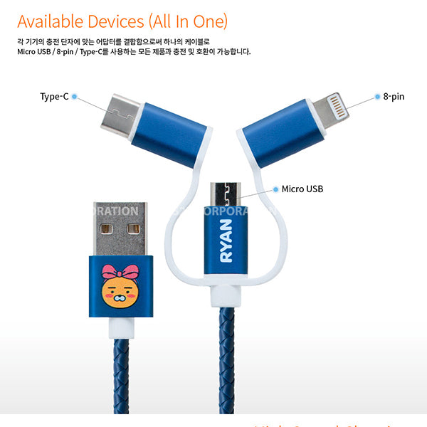 KAKAO Friends 3 in 1 Charging Data Smartphone USB Cable 韓國手機充電數據線 Ryan Micro USB Lightning iphone type-C