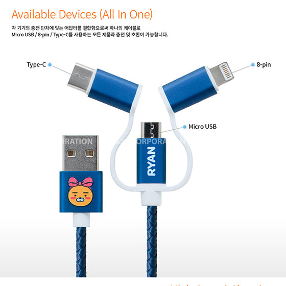 KAKAO Friends 3 in 1 Charging Data Smartphone USB Cable 韓國手機充電數據線 Ryan Micro USB Lightning iphone type-C