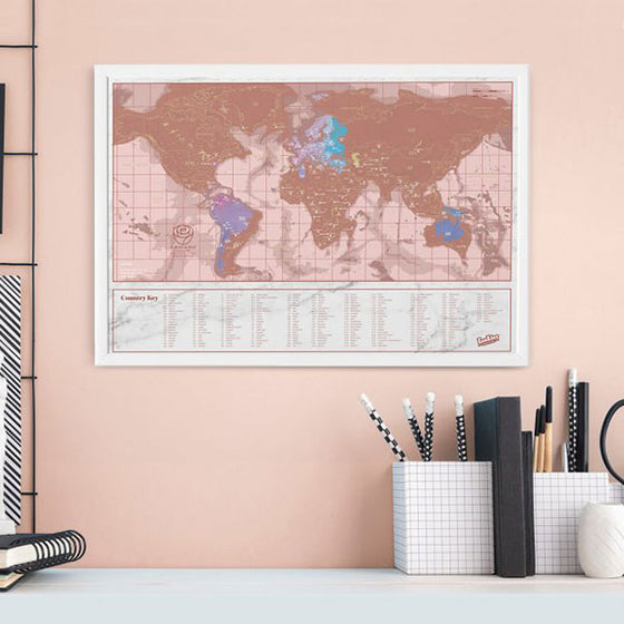 Scratch Map Rose Gold Travel in Frame Wall Decoration Poster Romantic Pink Color Gift Collectible